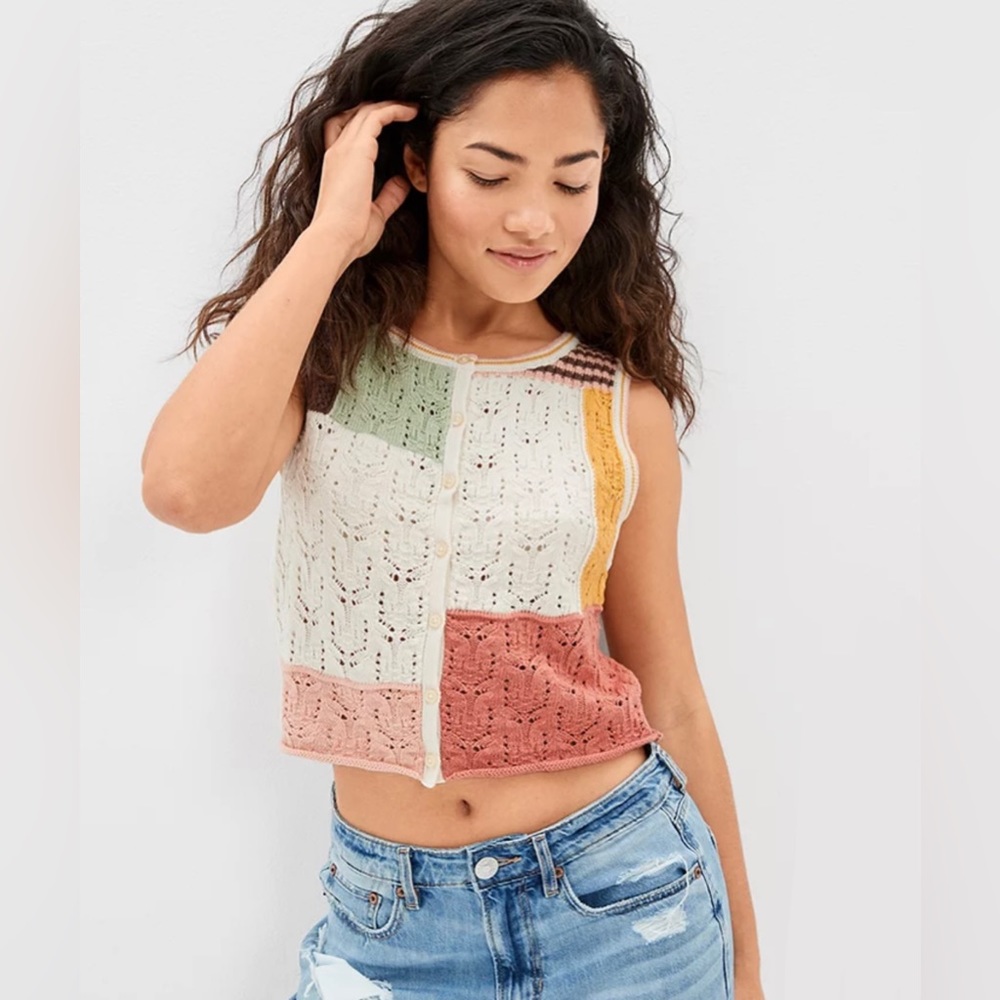 NEW American Eagle AE Patchwork Button Sweater Vest, Green/Cream/Pink, Women’s S